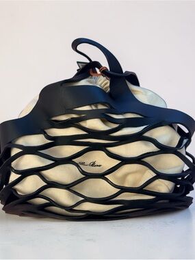 Loro Piana Black Leather Lattice Clutch with Cream Insert